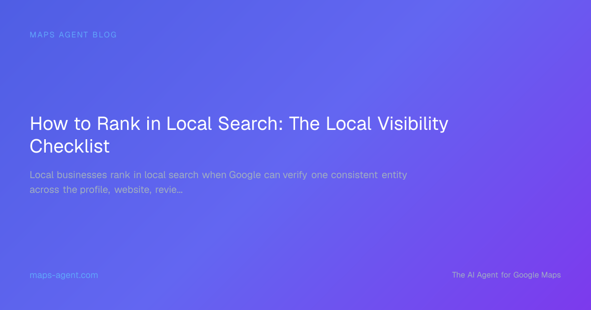 Diagram showing local search ranking signals across profile, reviews, citations, schema, and map coverage