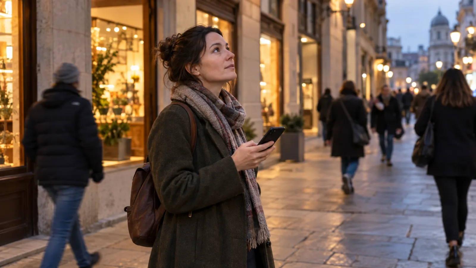 A woman holds her phone on a lamplit shopping street at dusk
