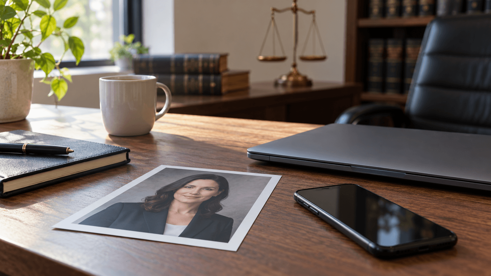 Law office desk with printed headshot, closed laptop, smartphone, and scales