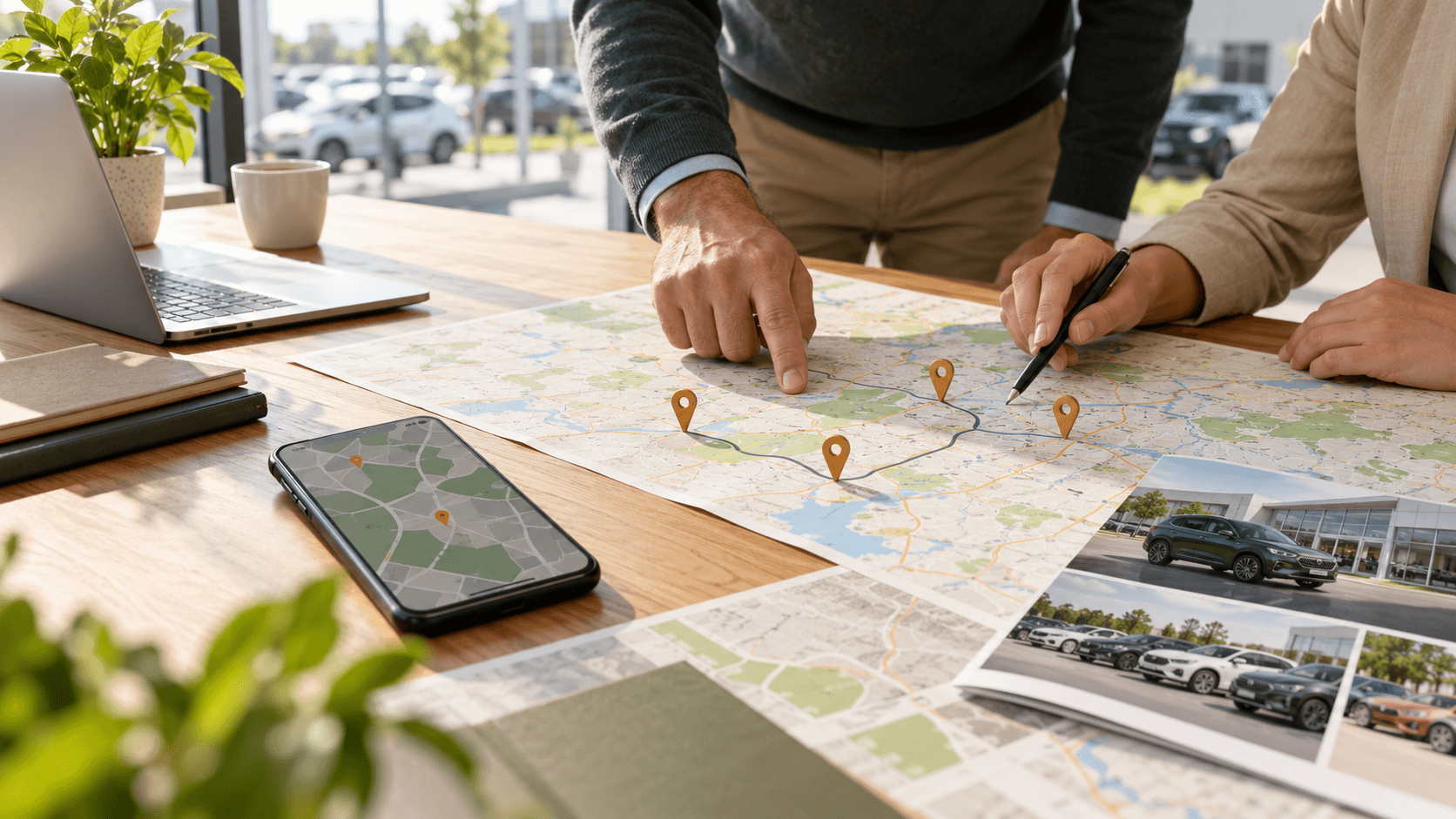 Retail planners compare store locations on a paper map beside a smartphone at a desk