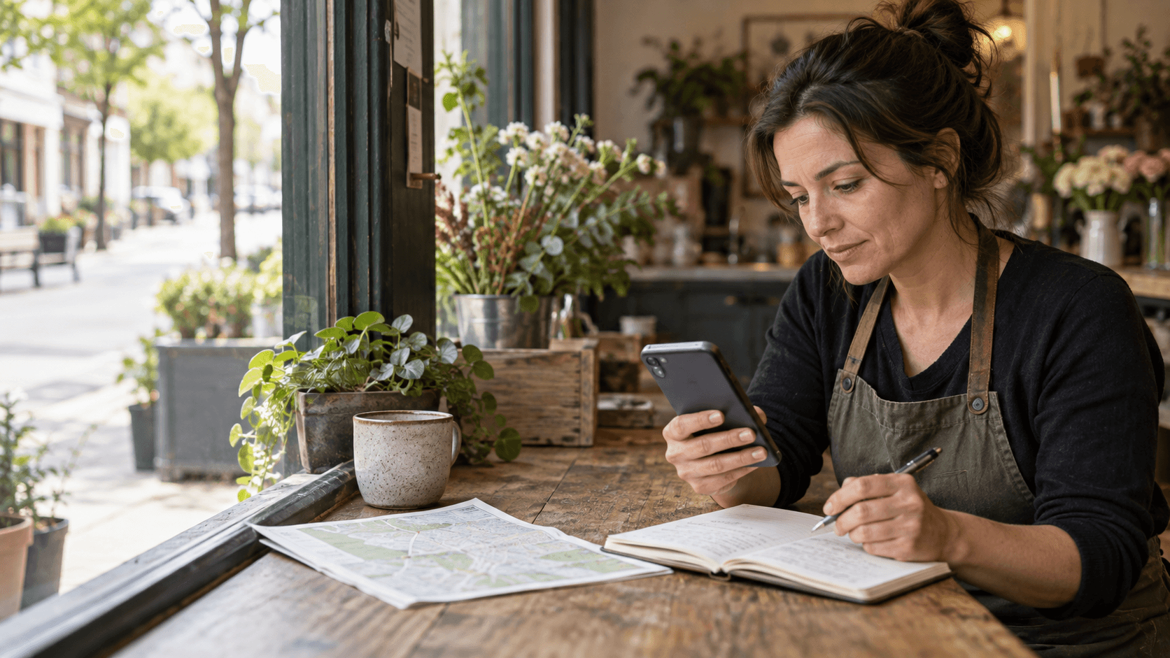 Local shop owner checks a phone beside a map and notebook