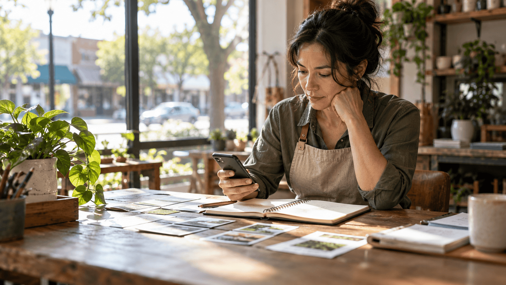 Woman in an apron studies a smartphone and printed cards at a sunlit wooden table beside an open notebook