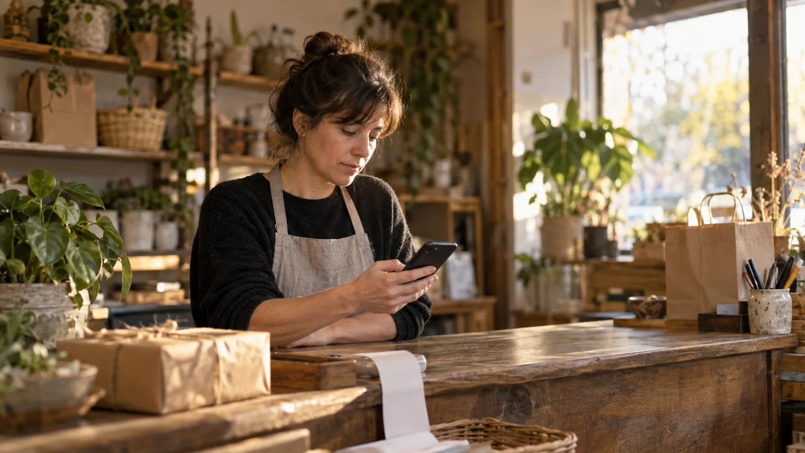 A shop owner reads her phone behind a wooden counter in afternoon light.