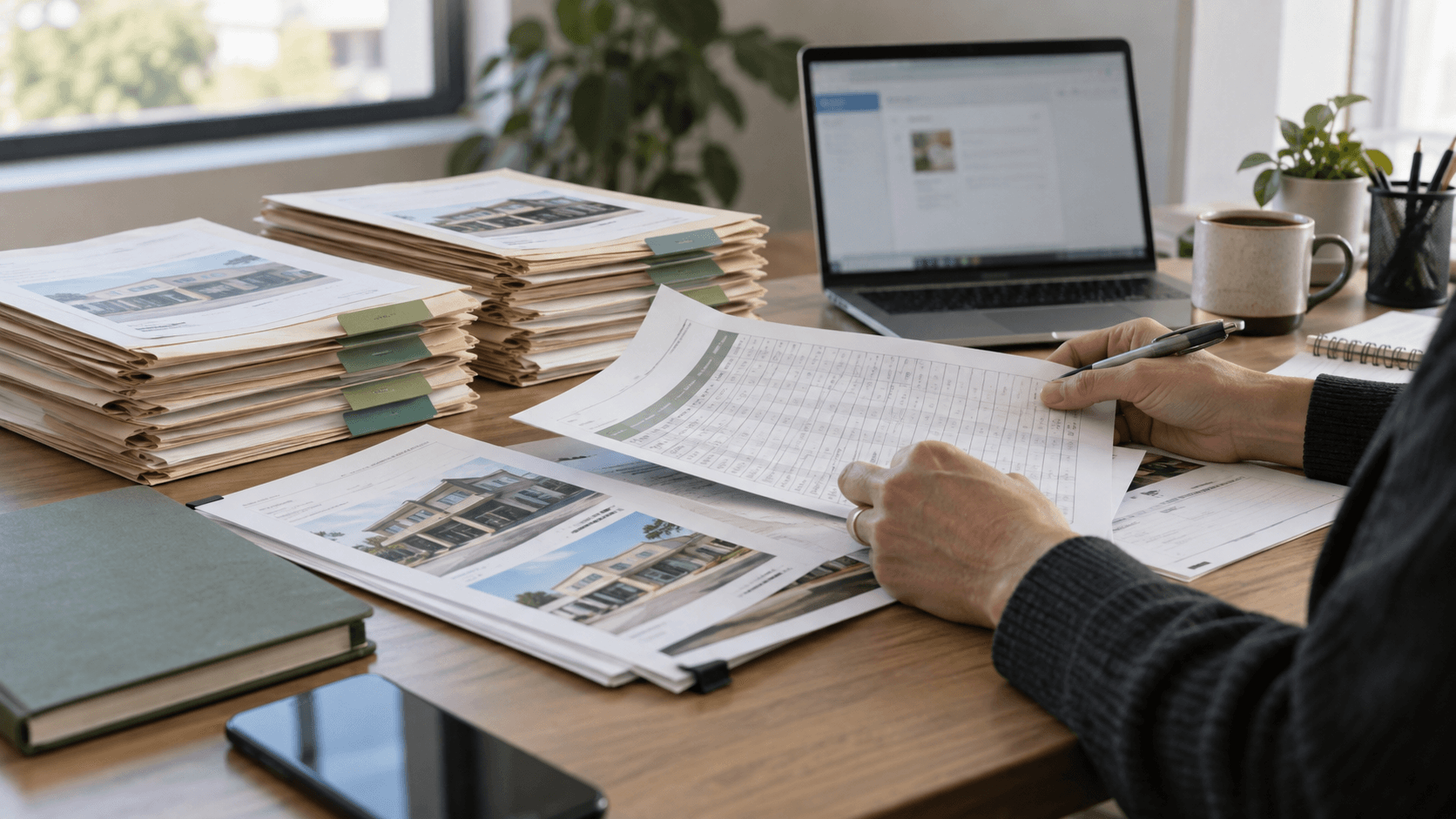 Operations manager reviewing business profile records and evidence folders at a sunlit office desk
