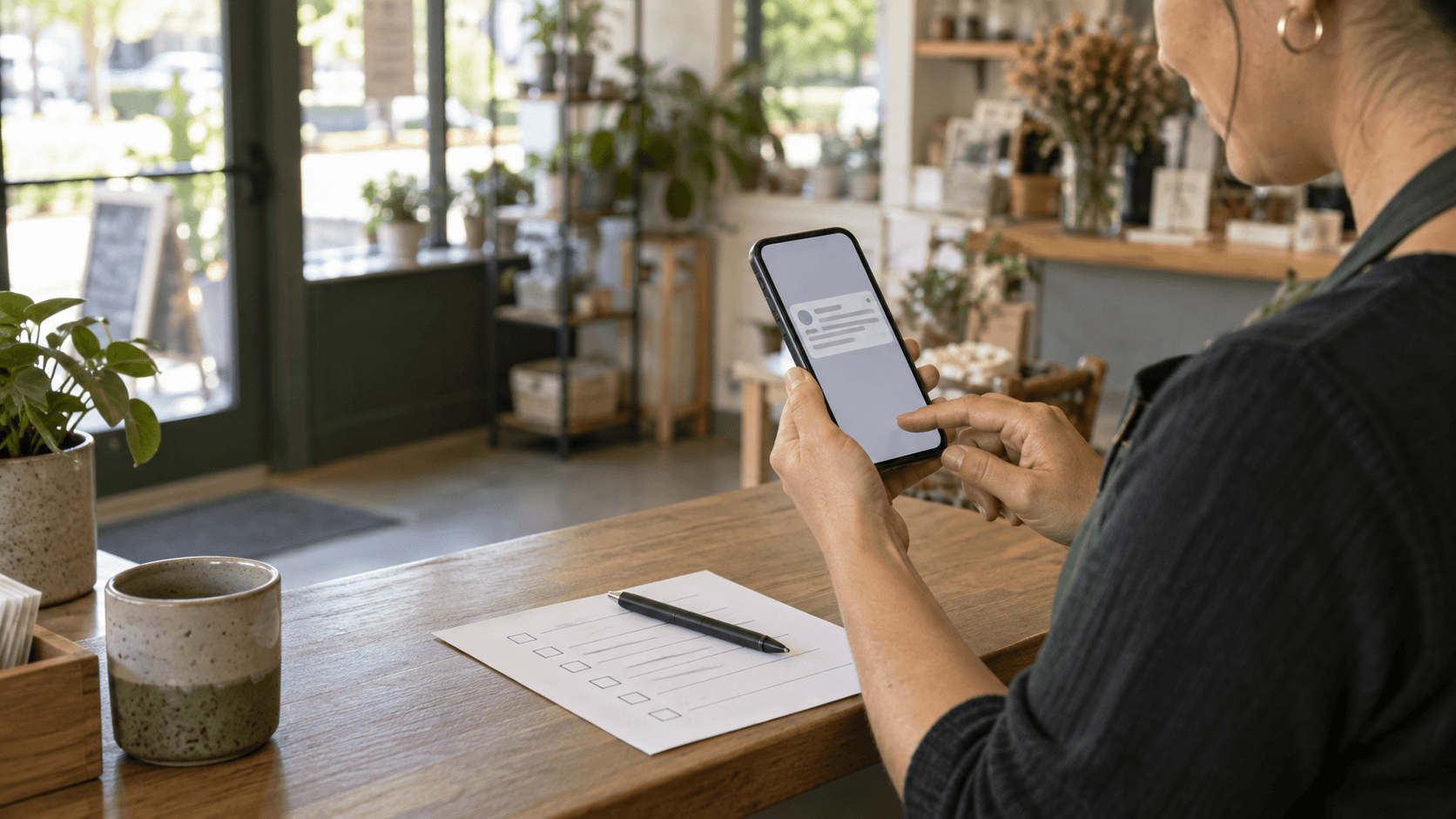 Small-business owner checks a smartphone alert beside a paper checklist at a storefront counter