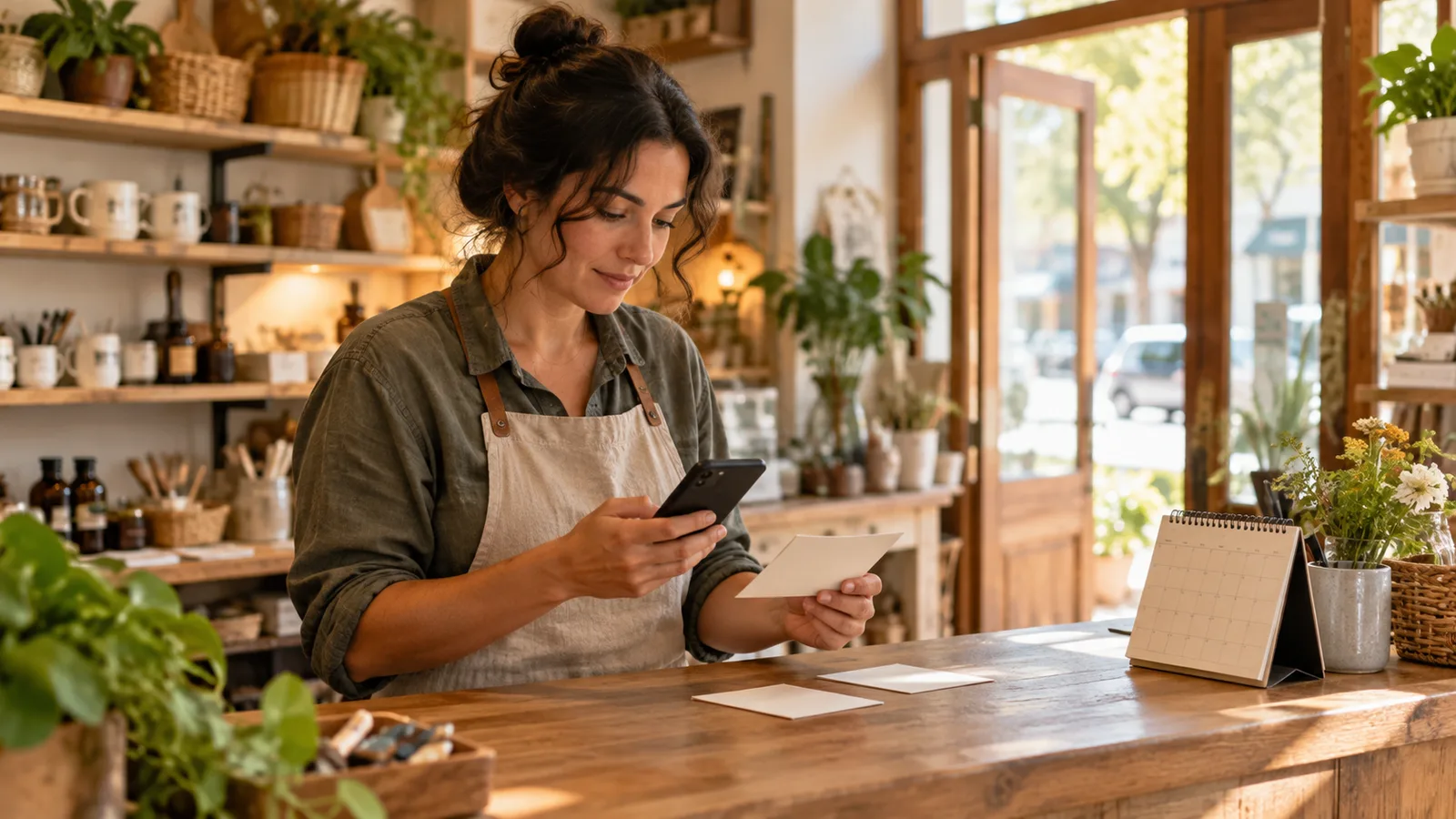 Local business owner reviewing details at a storefront counter