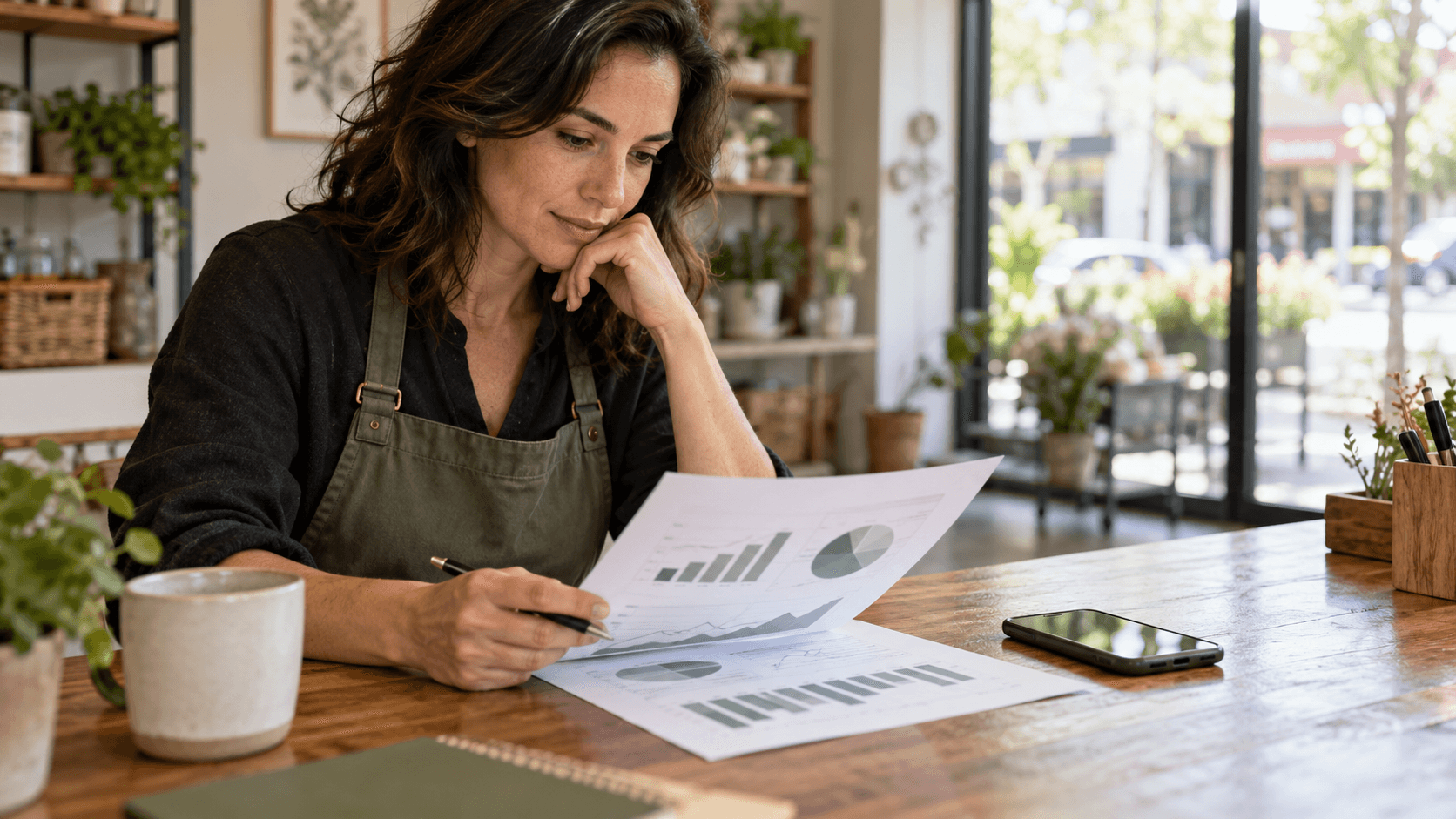 Business owner reviews printed charts beside a smartphone at a sunlit desk