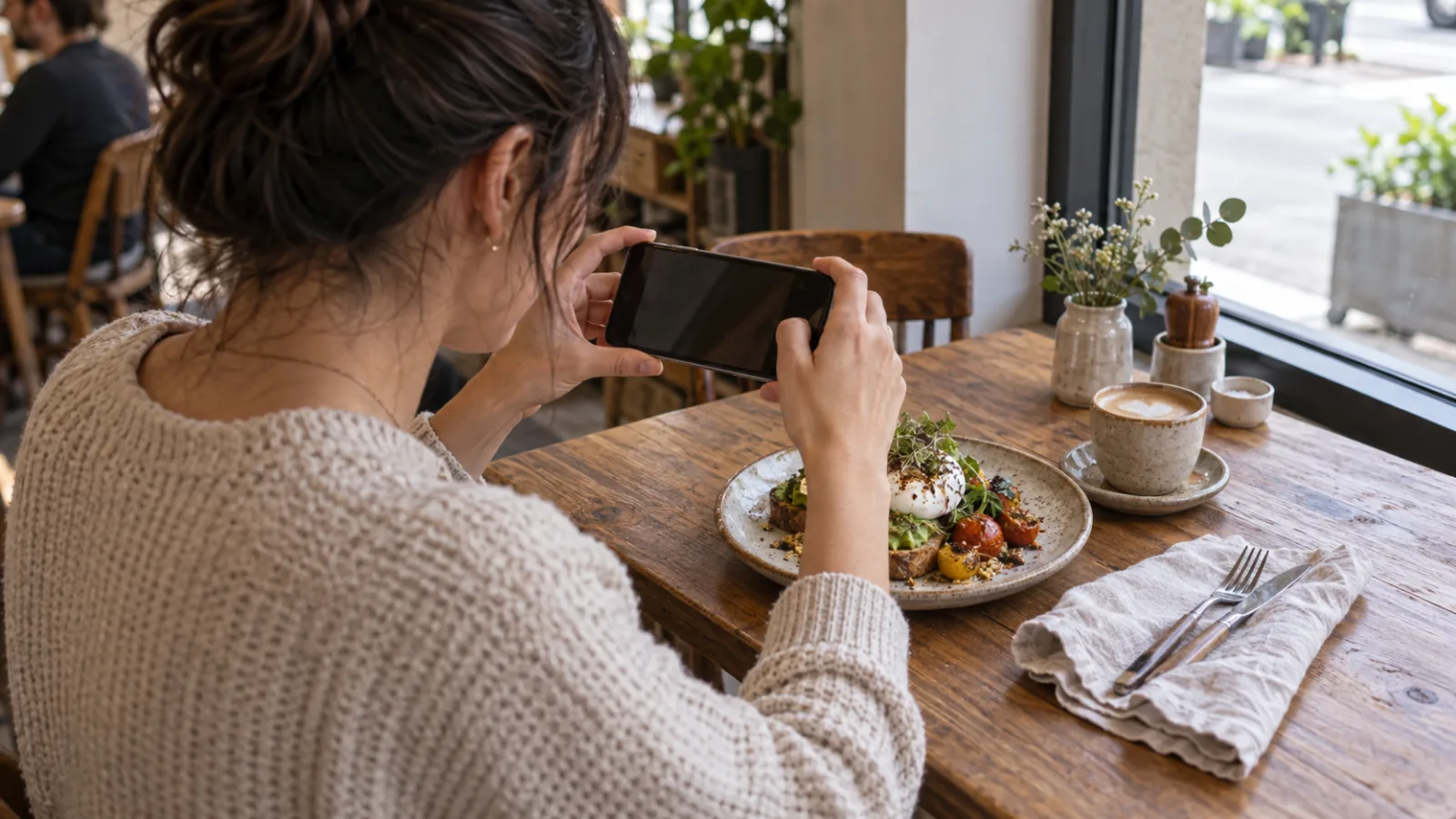 A diner photographs her avocado toast and coffee at a cafe table