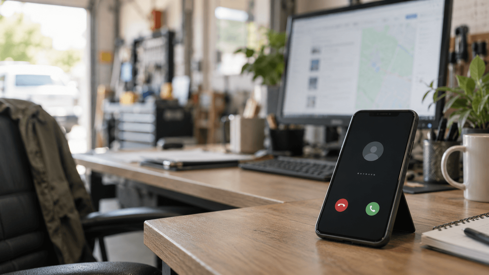 Smartphone showing an incoming call on a wooden desk in a softly lit local service business office
