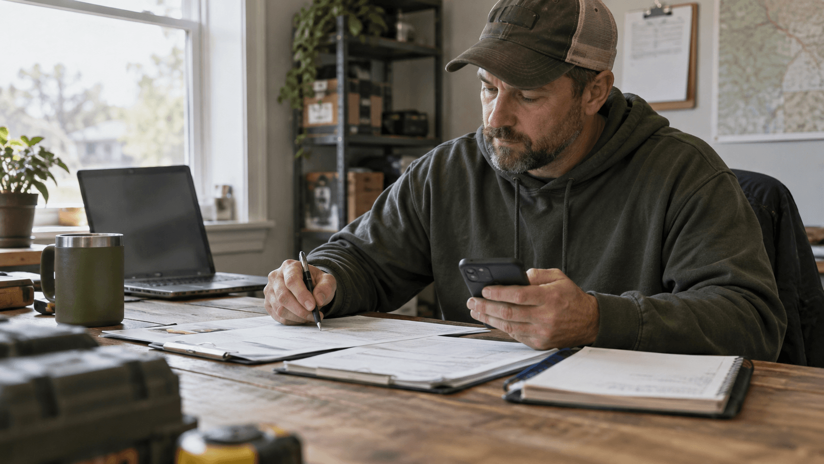 A local-service business owner reviews papers and a phone at a work desk