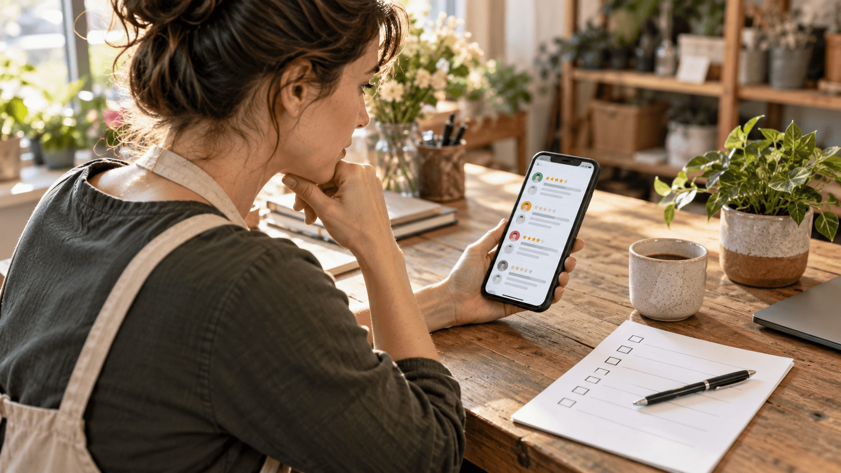 Small-business owner holding a smartphone with review cards beside a checklist on a sunlit wooden desk