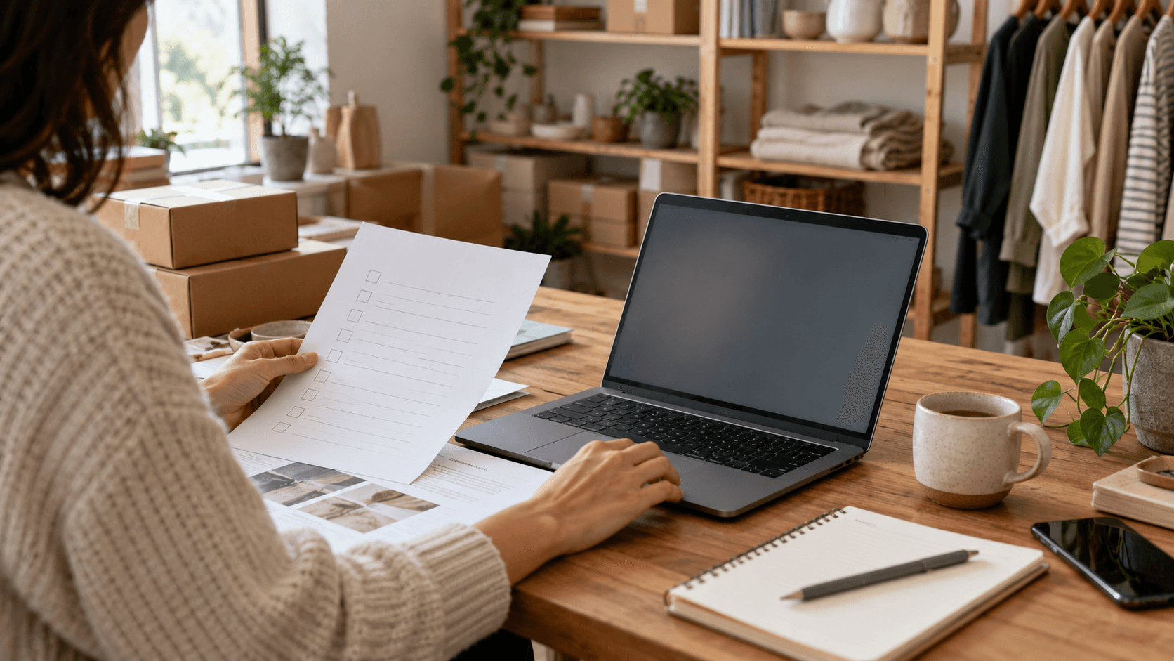 Business owner reviews an API checklist beside a blank laptop in a small retail workspace