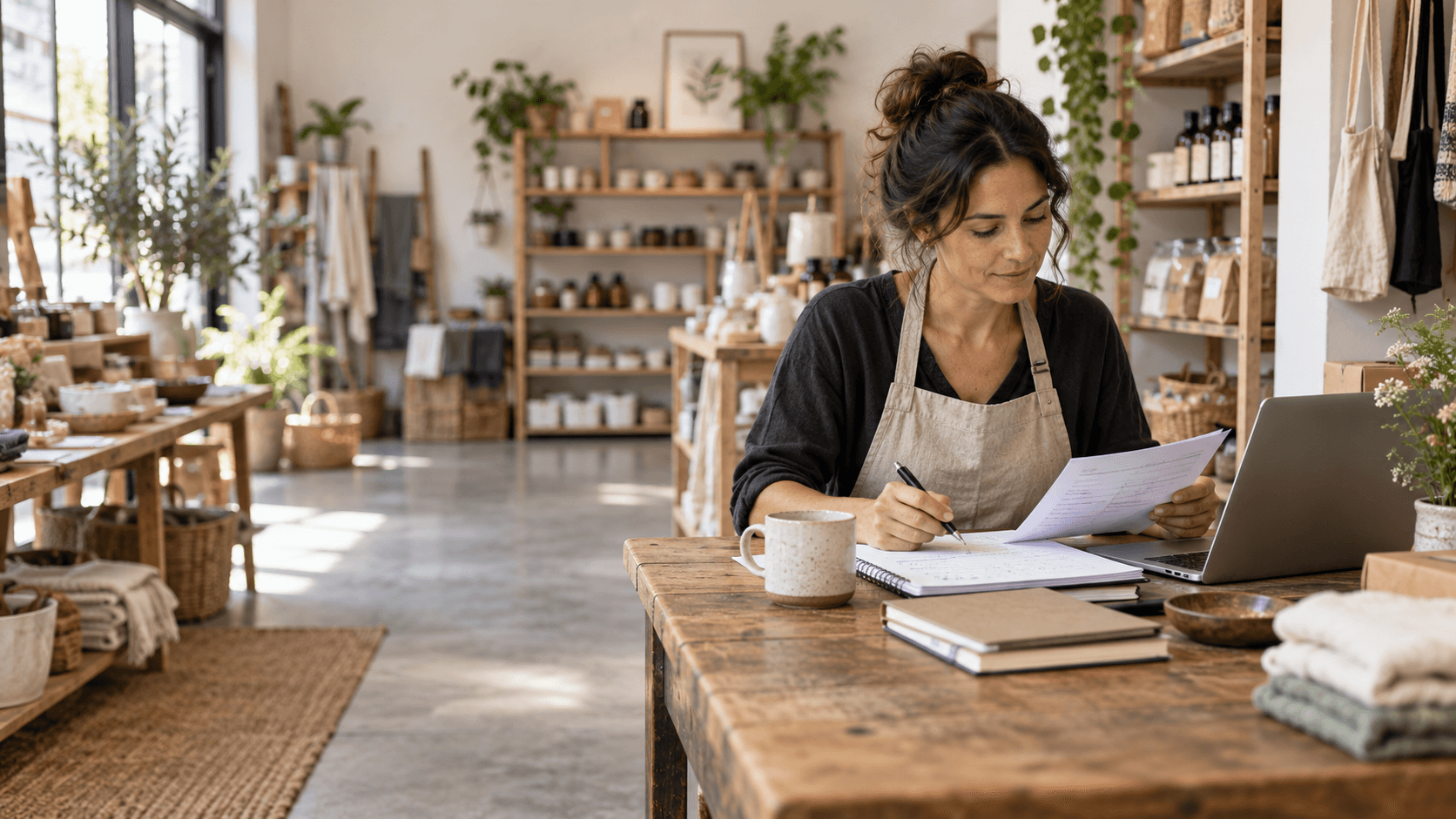 Shop owner in an apron writing on a paper checklist beside a laptop at a wooden table in a sunlit retail store