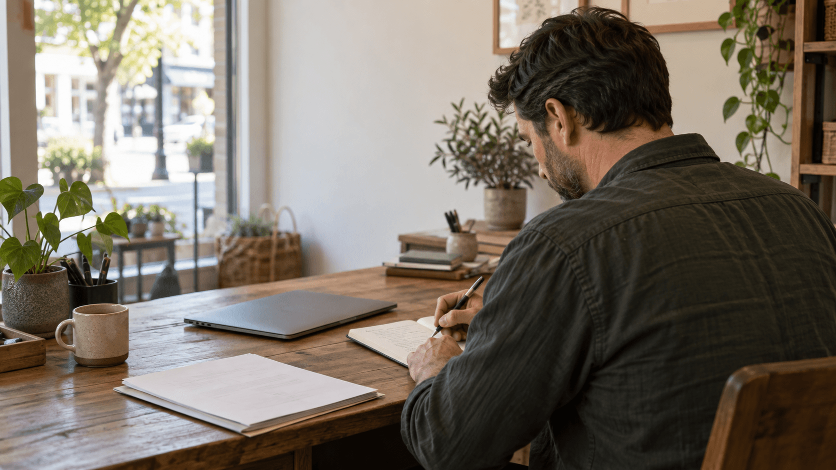 Small-business owner reviewing profile notes at a sunlit desk