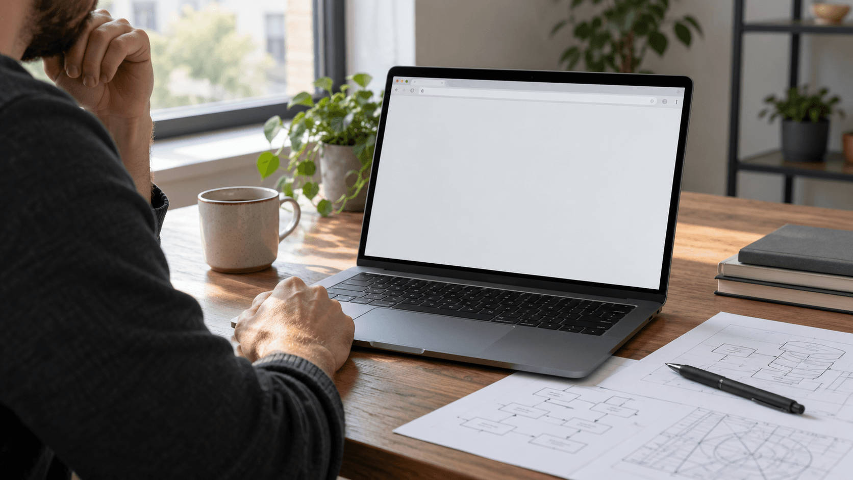 Developer reviews a blank documentation page on a laptop