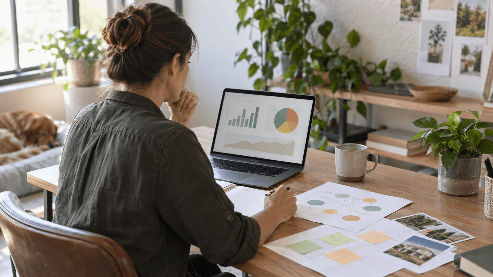 Person reviewing an abstract analytics dashboard and topic notes at a sunlit desk