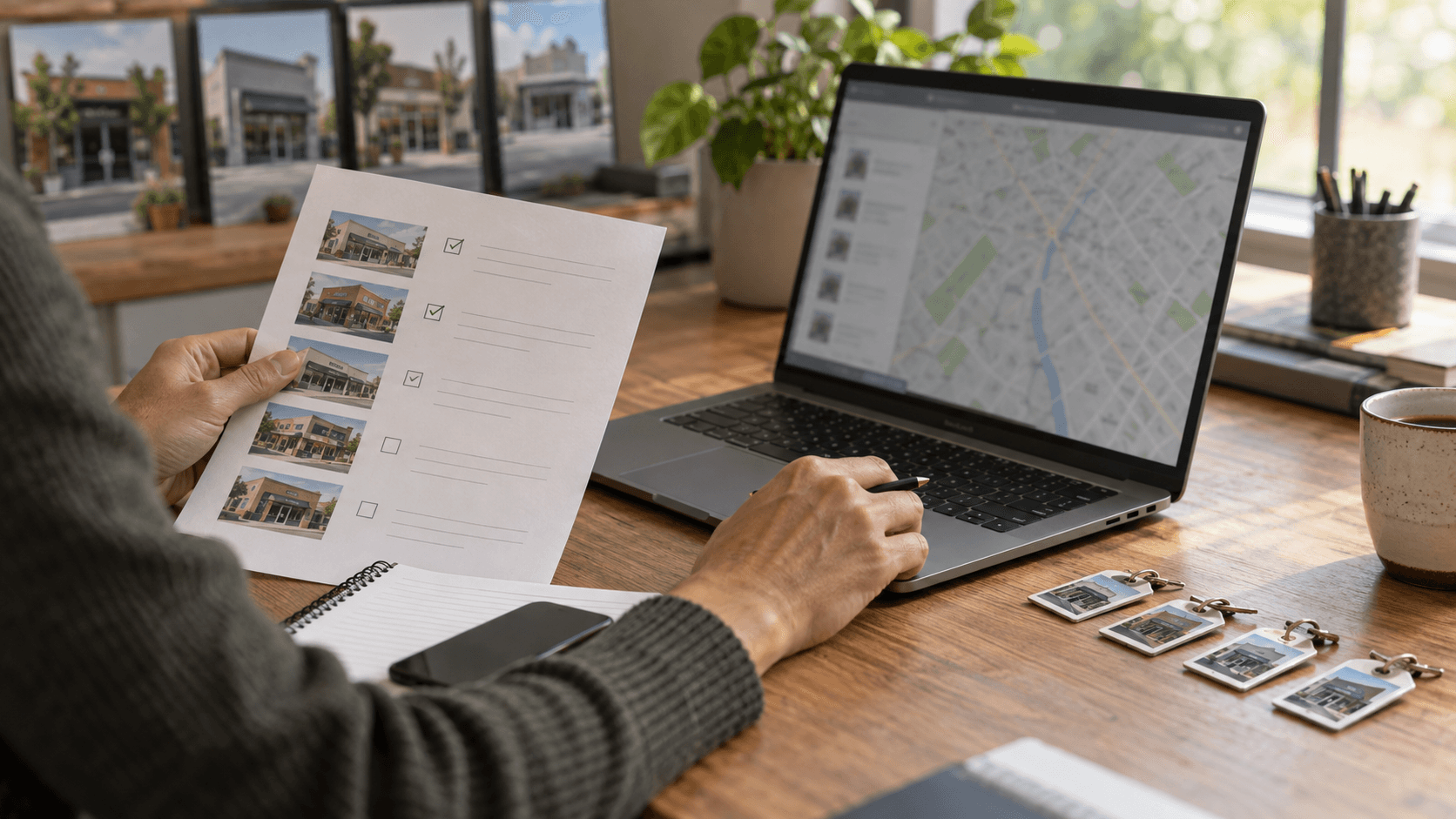 Operator holding a multi-location checklist beside a laptop with a map view and store cards