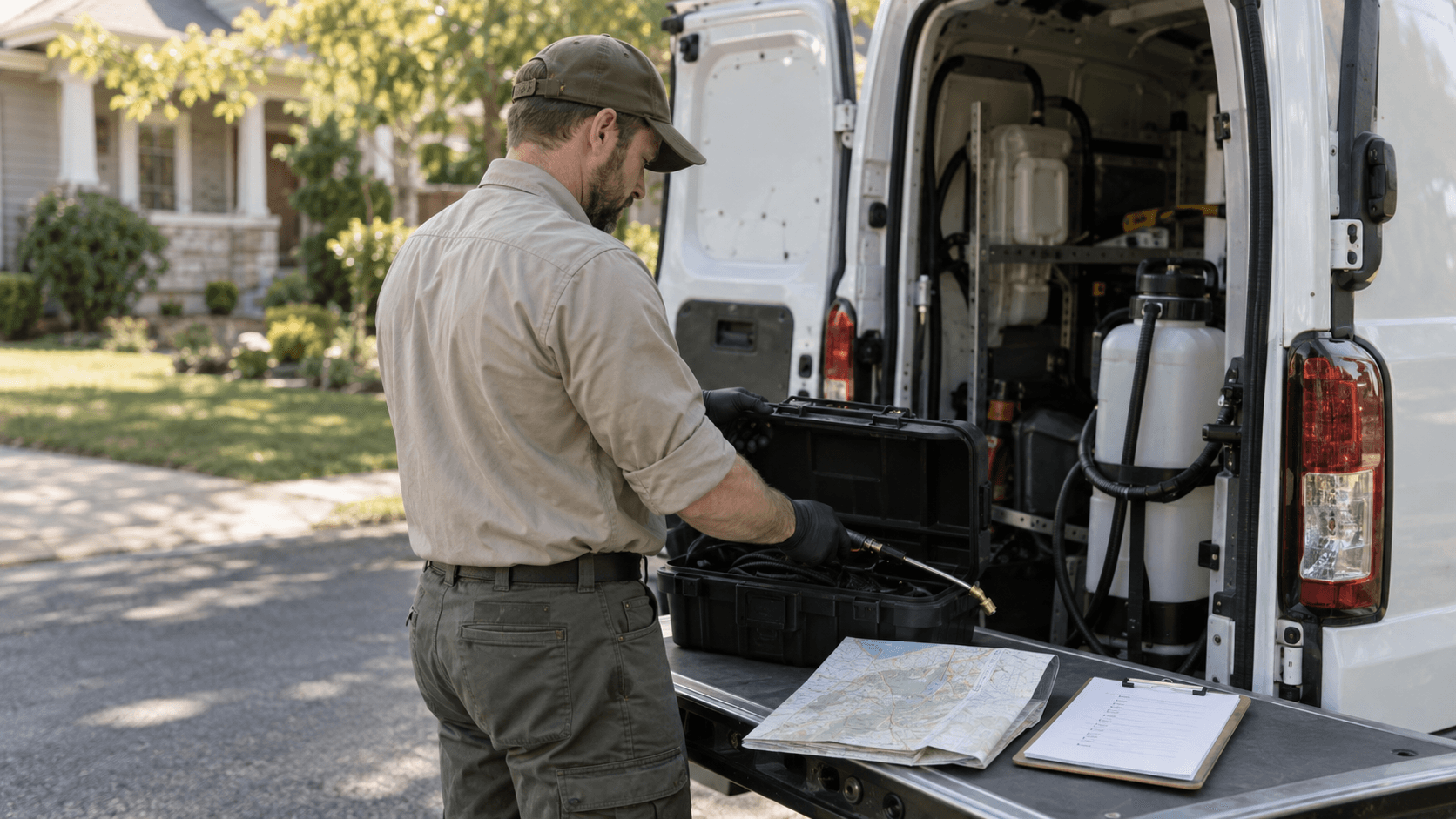Pest-control technician beside a service van with equipment and a clipboard on a suburban street