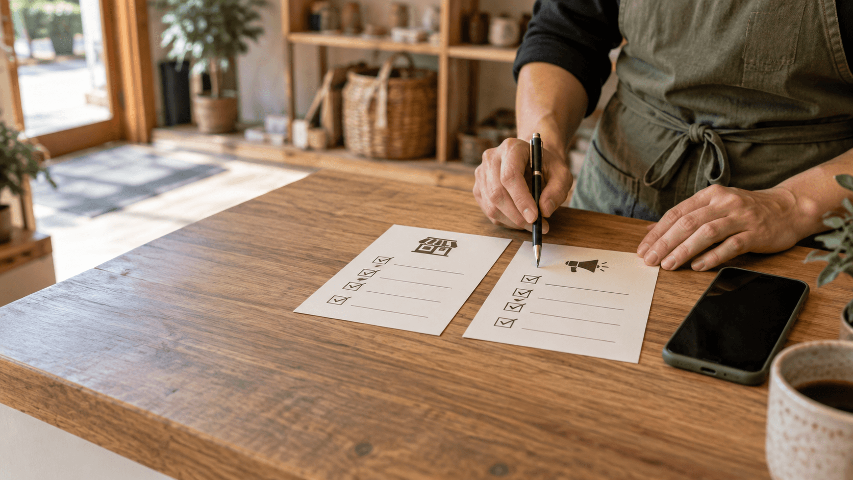 Small-business owner checks two paper content checklists beside a smartphone at a sunlit shop counter