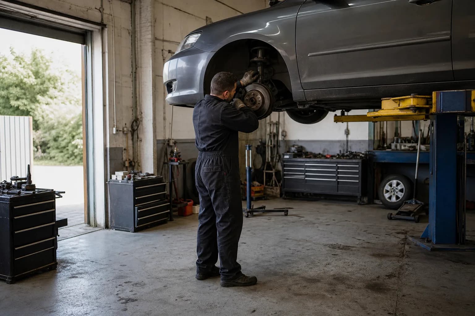 The service bay of an independent auto repair shop, a car on the lift and a mechanic working at the wheel arch