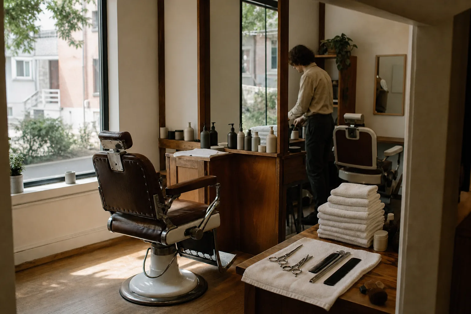 A two-chair neighbourhood hair salon in the quiet hour, a stylist tidying the station beside a tall window