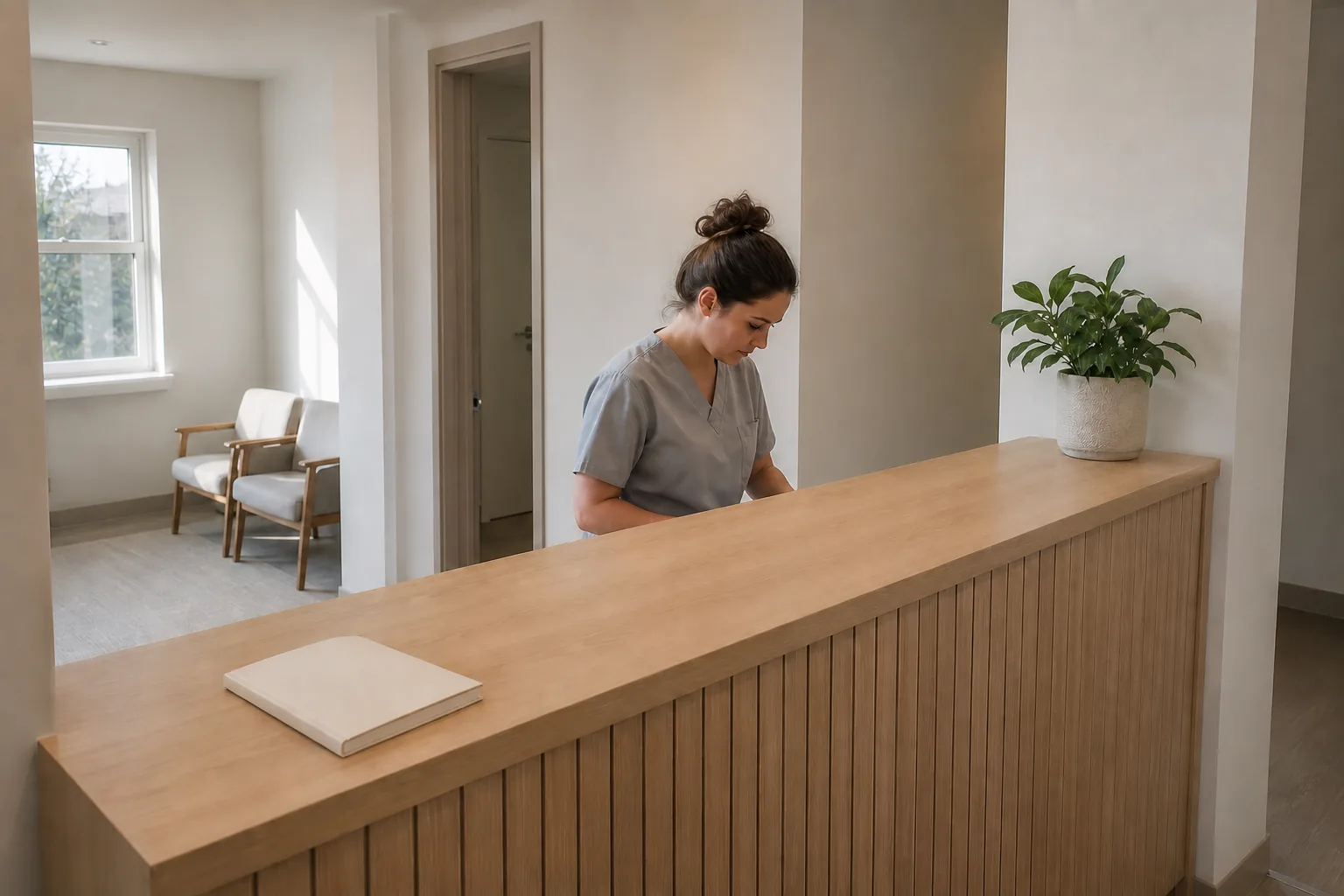 The reception desk of a small neighbourhood dental practice just after opening, a receptionist working at the counter in morning daylight
