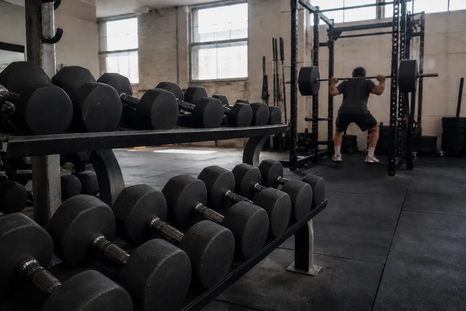 A small independent gym at six in the morning, a rack of free weights and one person mid-set in the background