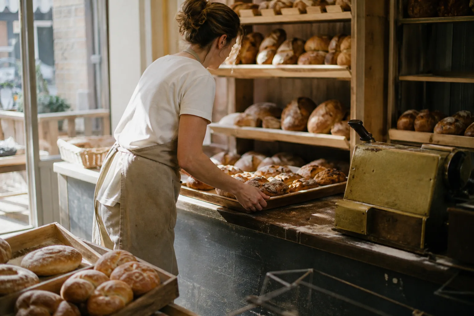 The counter of a small independent bakery ten minutes after opening, trays of bread in low morning light