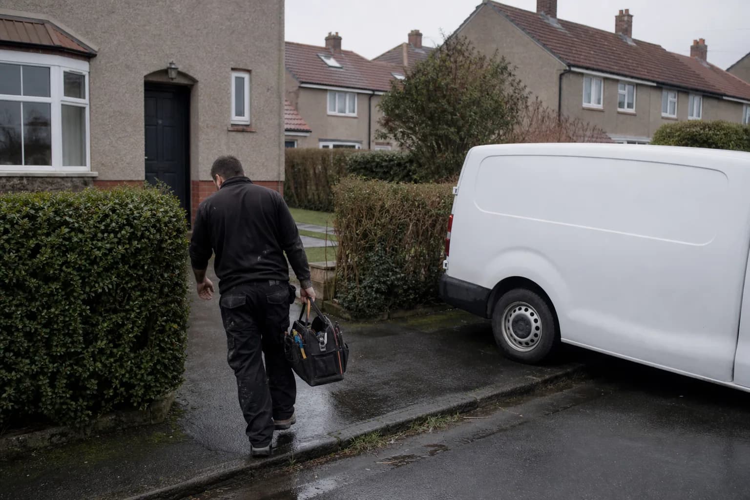 A heating and plumbing tradesperson carrying a toolbag up the path of a suburban house, an unmarked work van at the kerb