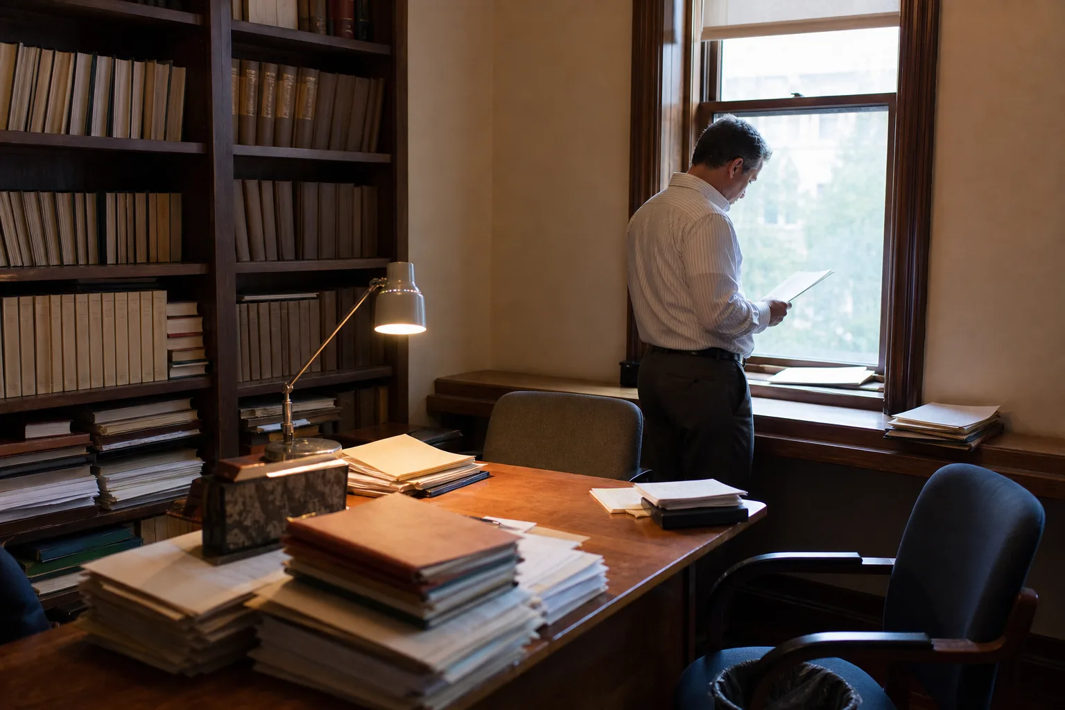 The working office of a two-person neighbourhood law practice, shelves of bound volumes and a lawyer reading a document by the window