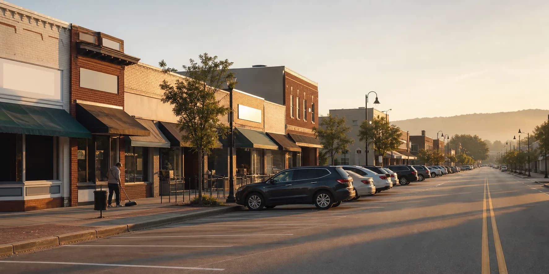 The main street of a small town just after sunrise, a row of independent shopfronts with the pavement still empty