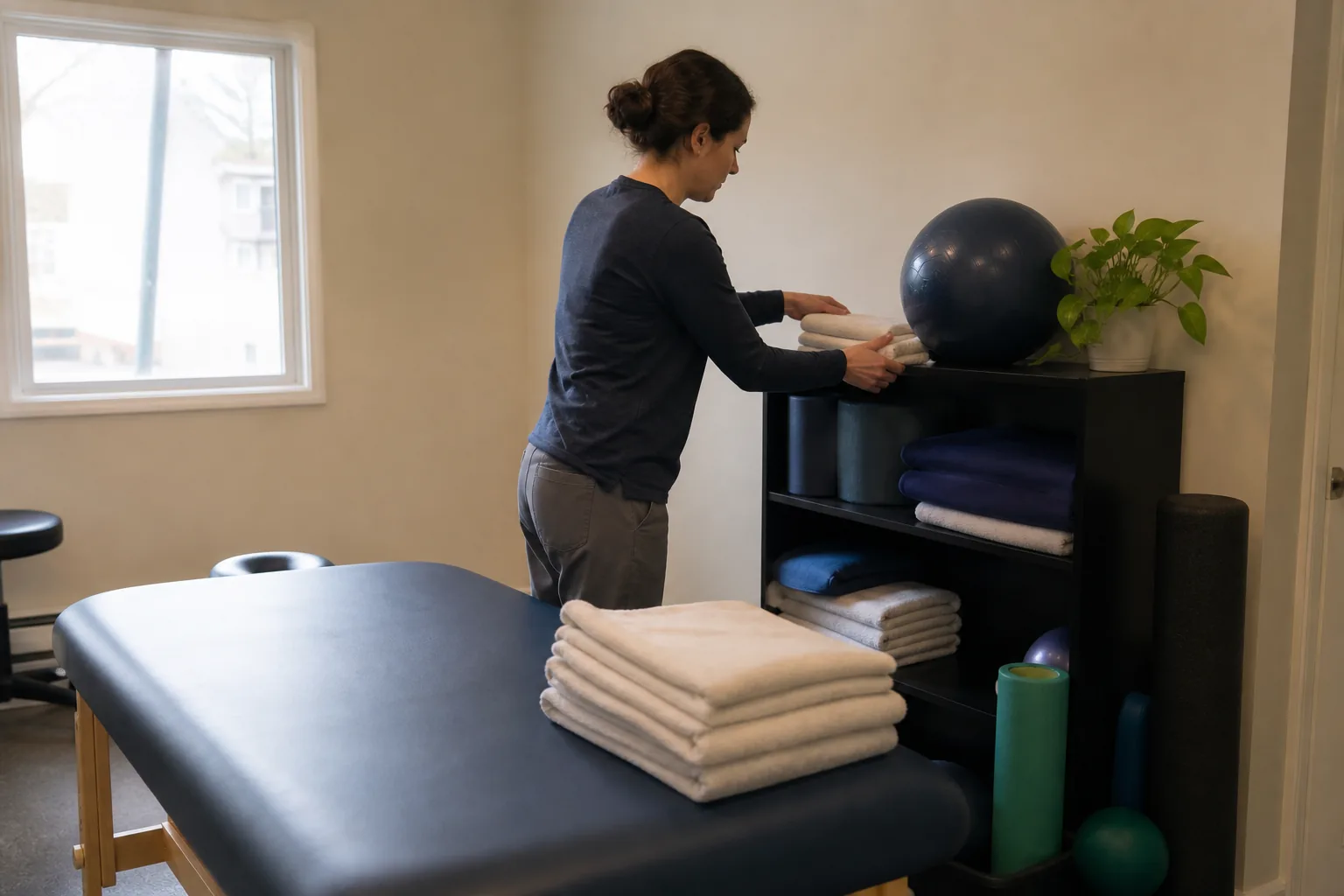 The treatment room of a small family practice on a weekday morning, a practitioner setting out equipment beside a window