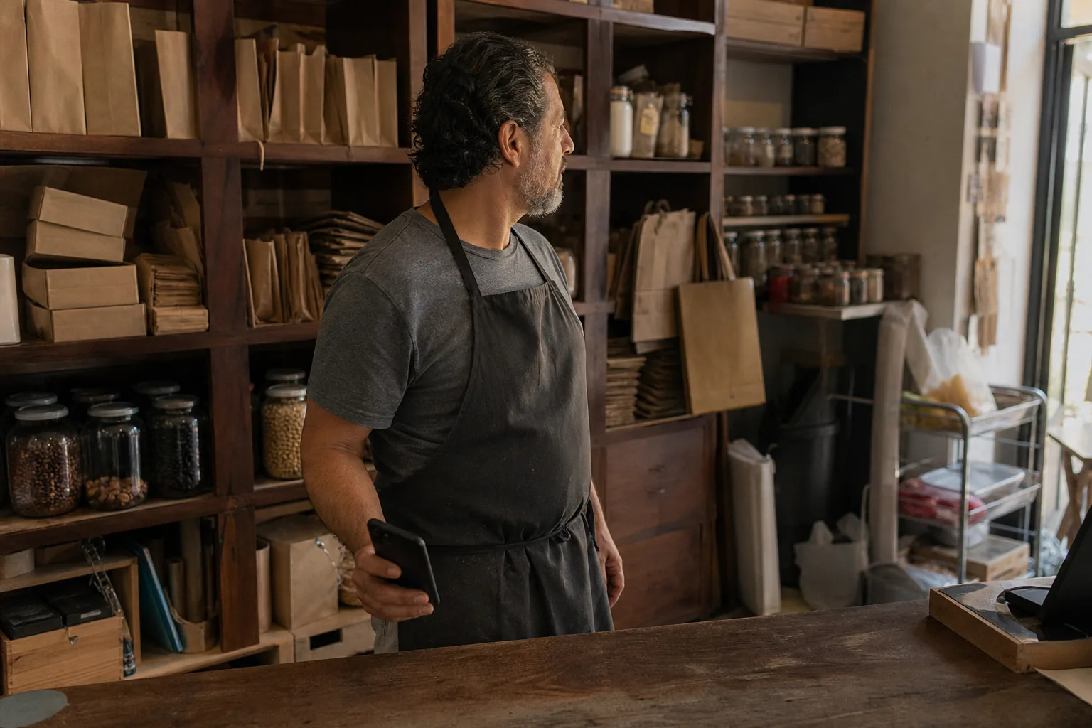 The owner of a small shop pausing behind the counter with a phone at their side, looking toward the door