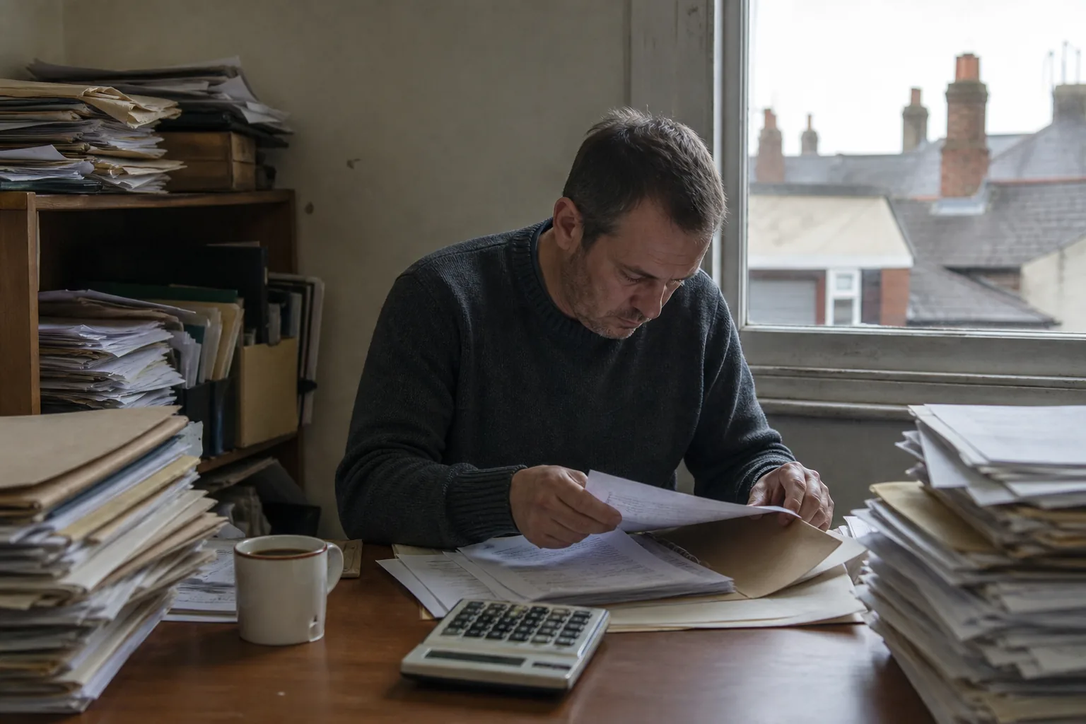 The small office of an independent accountant during tax season, paper files stacked beside a desk calculator