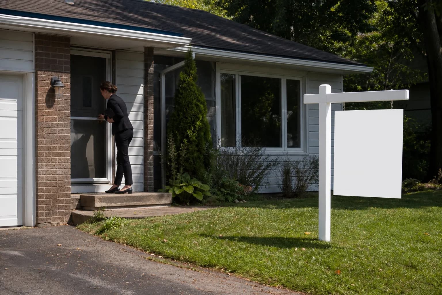 An estate agent unlocking the front door of a modest suburban family home on a bright afternoon