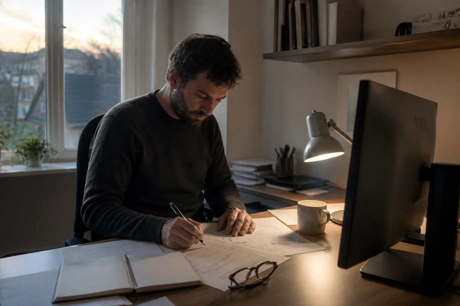 A quiet analyst desk early in the morning: annotated printouts, a notebook and reading glasses under a desk lamp