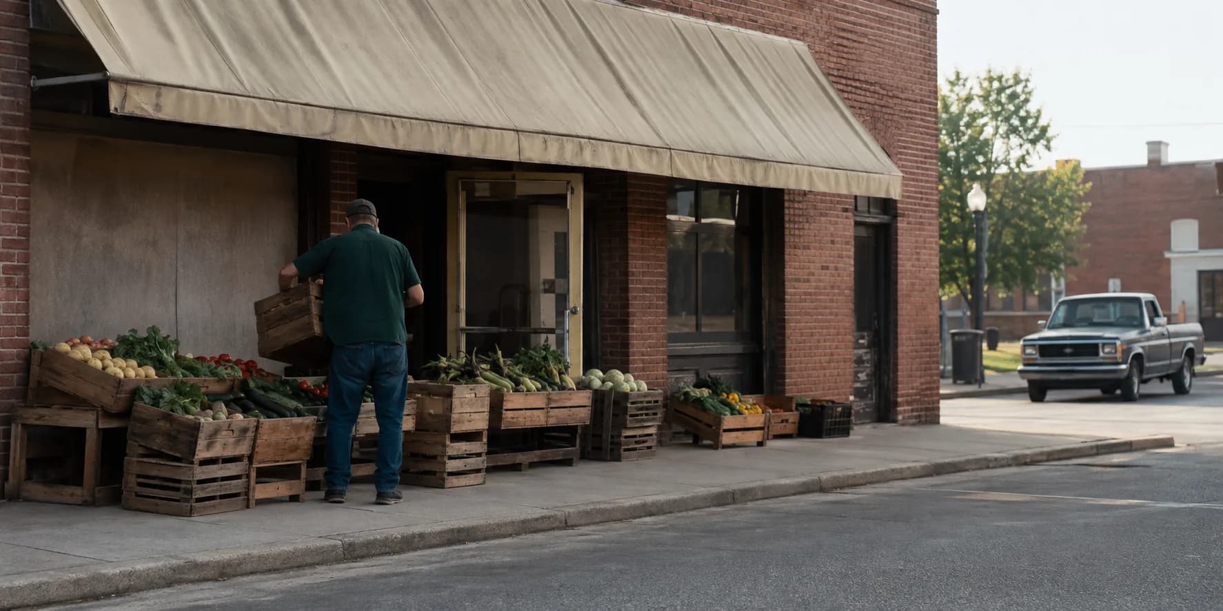 An independent produce market opening for the day on a small-town street: crates of vegetables set out on the sidewalk, the door propped open, the shopkeeper carrying the last crate out